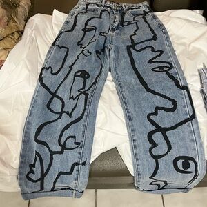Artistic Blue Jeans with Black Abstract Design